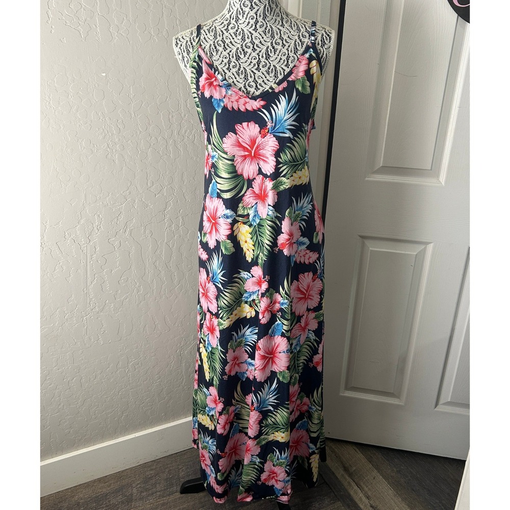 Long Maxi Dress Womens Tropical Floral XXL Black Pink Sleeveless Hawaiian Beach
